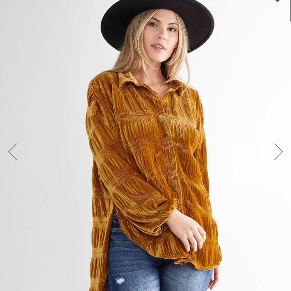 Free People Mustard Velvet Button-Up Shirt
